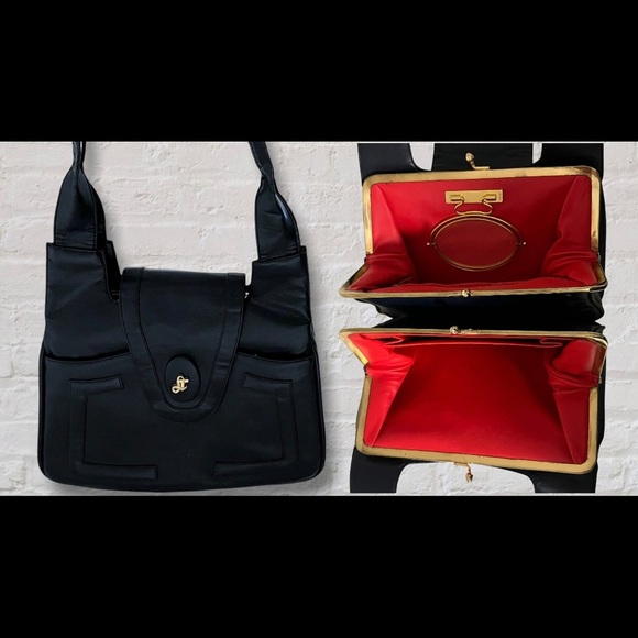 VINTAGE 60s Lou Taylor Navy Leather Swivel Mirror 2 Compartment Shoulder Bag - Picture 1 of 13
